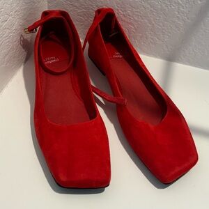 Jeffrey Campbell Red Velvet Square Toe Ballet flats with Heel and Ankle Strap